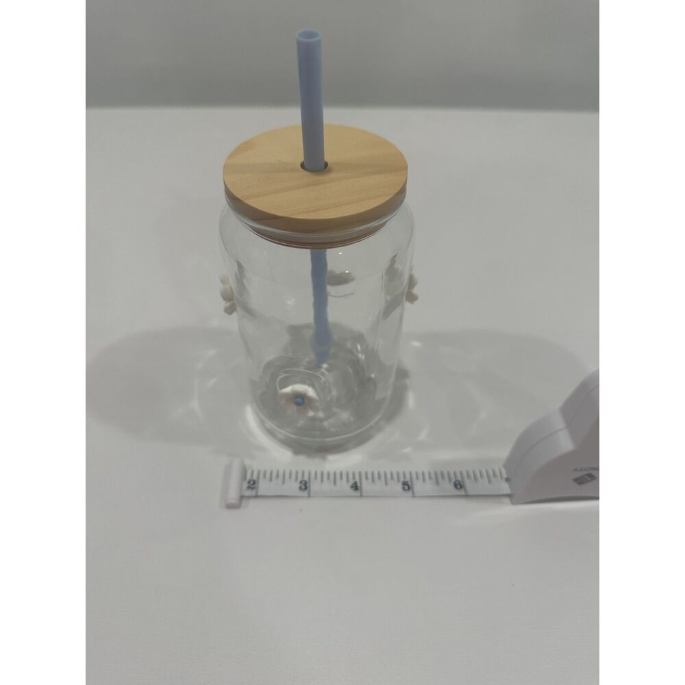 Daisy Glass Tumbler Bamboo Lid Blue Straw Floral Drinking Cup